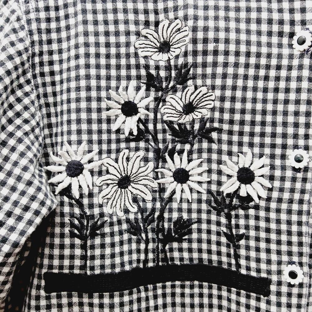 Blouse Black White Gingham Embroidered Cottagecore Applique Preppy Floral Size M - Picture 5 of 8